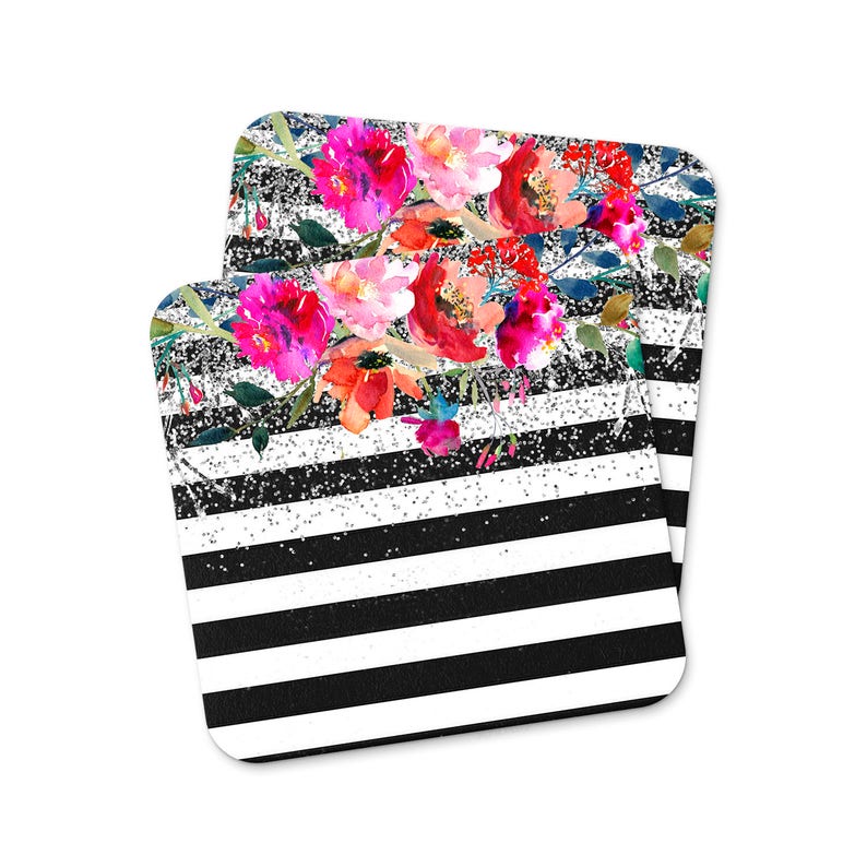 Floral Watercolor Coaster, Black White Stripe with Glitter Drink Coasters, housewarming gift, birthday gift for women, home decor image 1
