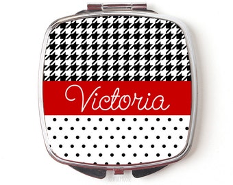 Personalized Compact Mirror - Red Black Polka Dot Houndstooth Custom Bridesmaids Gifts - Personalized Bridesmaids Gifts