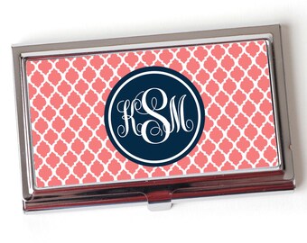 Monogram Business Card Case - Coral Monogram Business Card Holder - Navy Blue Silver Business Card Case