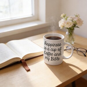 A mug of coffee sits on a wooden table next to an open book, with a vase of flowers and a pair of glasses nearby.