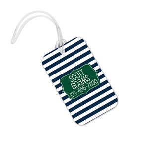 Personalized Navy Green Striped Bag Tag, Kids Backpack Name Tag