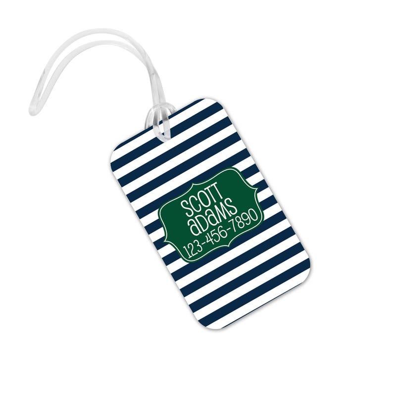 Personalized Navy Green Striped Bag Tag, Kids Backpack Name Tag