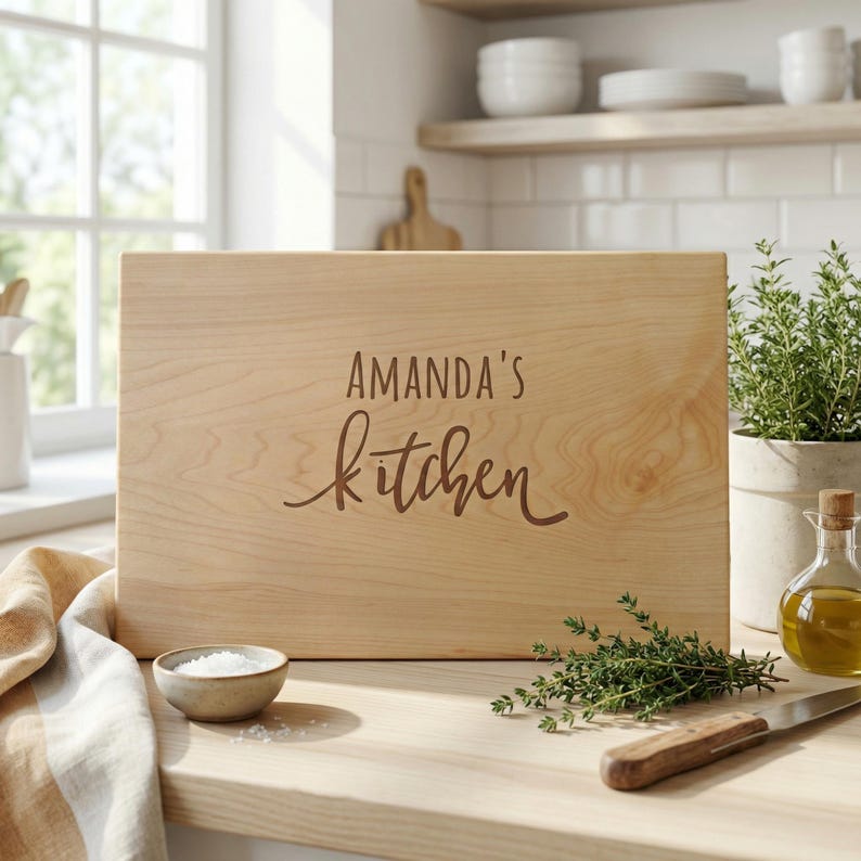 A wooden cutting board with the name "Amanda's kitchen" engraved on it, surrounded by kitchen utensils and ingredients, such as a bowl of salt and a bunch of greenery.
