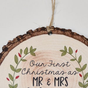 Wedding Gift, Our First Christmas as Mr & Mrs Christmas Ornament, Personalized Rustic Wood Slice Tree Ornament image 2