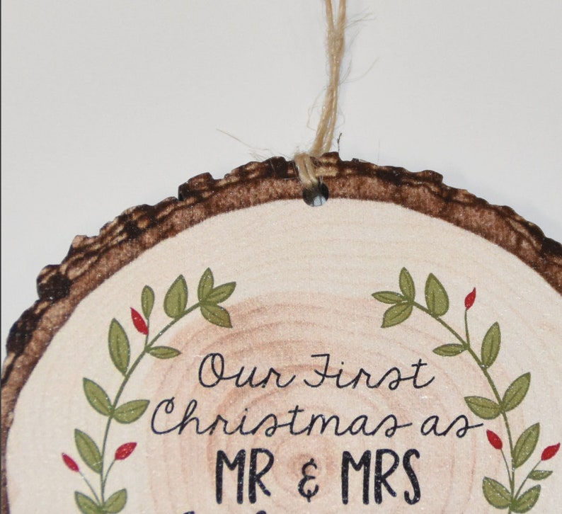Wedding Gift, Our First Christmas as Mr & Mrs Christmas Ornament, Personalized Rustic Wood Slice Tree Ornament image 2