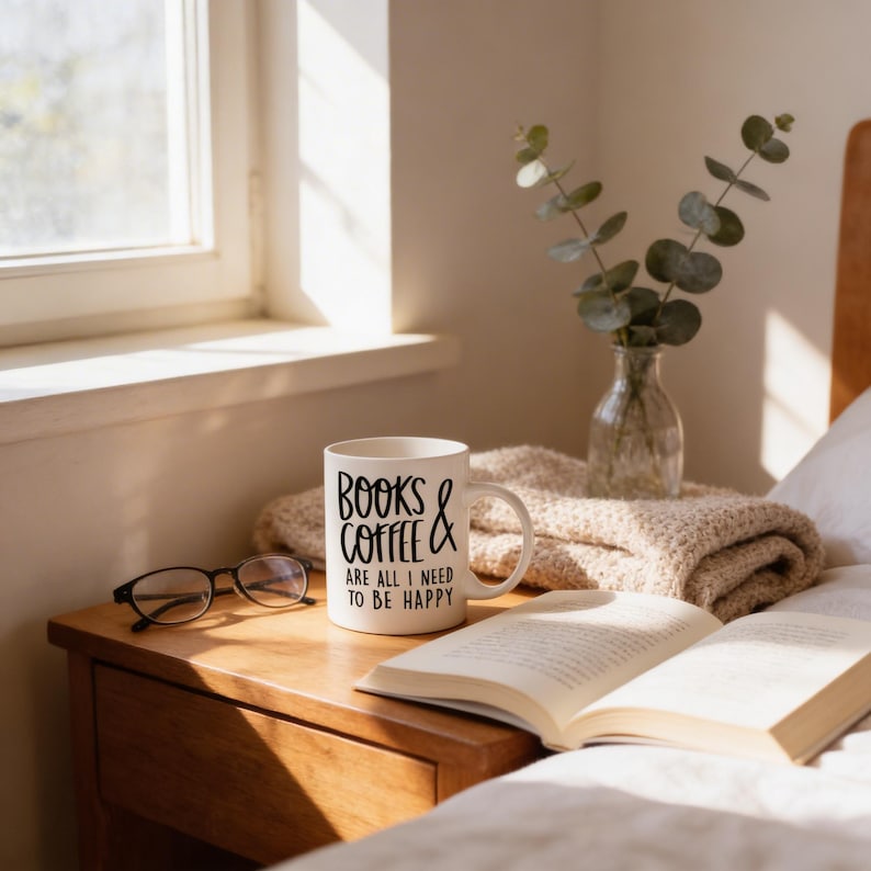 A cozy bedroom scene with a wooden nightstand, a mug with the text "Books & Coffee Are All I Need to Be Happy", a pair of glasses, and an open book. The mug is placed on the nightstand, and the glasses are resting on it. The nightstand also has a vase with greenery and a blanket. The scene is bathed in natural light coming through a window, creating a warm and inviting atmosphere.