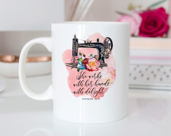 Proverbs 31 Woman - Coffee Mug with Bible Verse Watercolor Sewing Machine - christian gifts for women