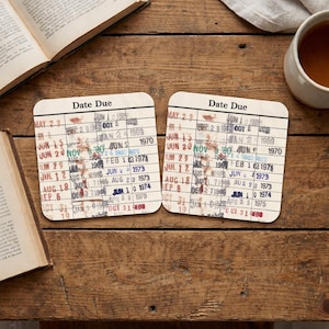 Vintage Library Card Coaster Set - Librarian Reader Gift