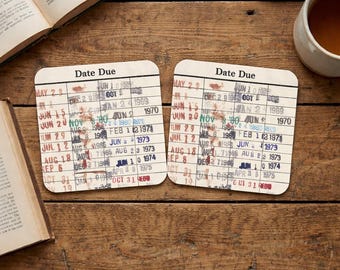 Vintage Library Card Coaster Set - Librarian Reader Gift