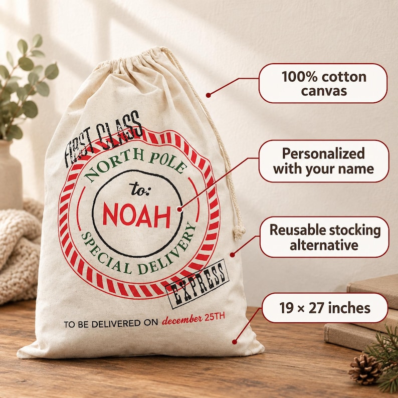 May include: A cream-coloured cotton canvas drawstring bag featuring a red and green circular graphic with the text FIRST CLASS, NORTH POLE, SPECIAL DELIVERY, EXPRESS, and TO BE DELIVERED ON december 25TH. The centre is personalised with the name NOAH.