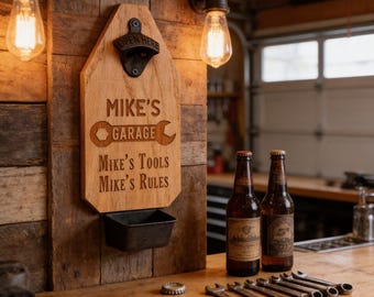 Personalized Garage Bottle Opener Sign, Rustic Wood Man Cave Decor