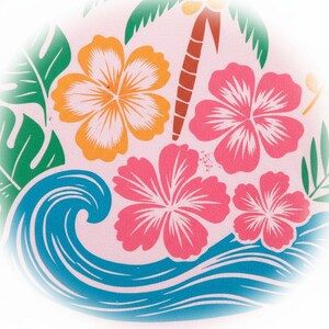 A vibrant and colorful tropical scene featuring a variety of flowers, including hibiscus, along with palm leaves and a wave.