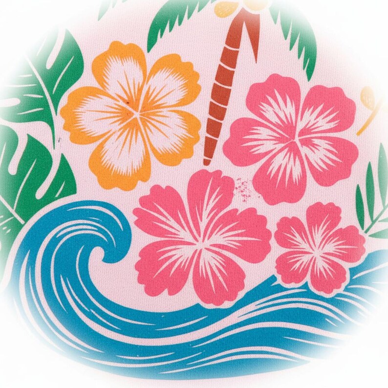 A vibrant and colorful tropical scene featuring a variety of flowers, including hibiscus, along with palm leaves and a wave.