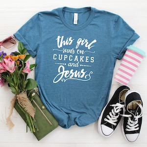 Christian T shirt This Girl Runs on Cupcakes & Jesus Gray Tee for Her Christian Shirt Christian Apparel Jesus Tee image 1