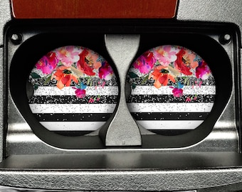 Floral Watercolor Car Coaster - Black White Stripe Sandstone Car Coaster - Rose Silver Glitter
