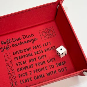 Dice game Christmas gift exchange tray with directions, 6" x 6" red leatherette, family and office holiday party fun, white elephant game