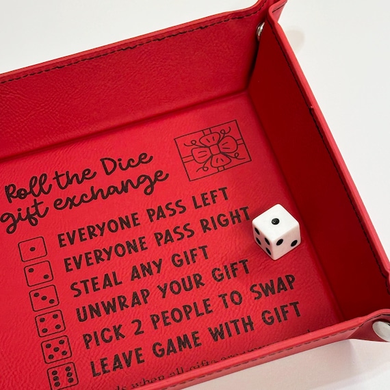Dice game Christmas gift exchange tray with directions, 6" x 6" red leatherette, family and office holiday party fun, white elephant game