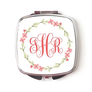 Bridesmaids Gifts Monogram Compact Mirror Pocket Mirror Purse Mirror Coral Floral Wreath image 1