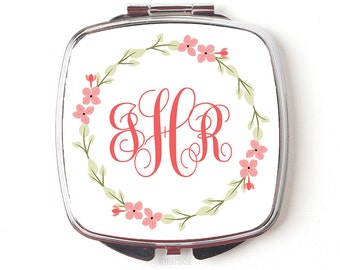 Bridesmaids Gifts Monogram Compact Mirror - Pocket Mirror - Purse Mirror - Coral Floral Wreath