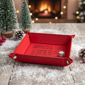 Dice game Christmas gift exchange tray with directions, 6" x 6" red leatherette, family and office holiday party fun, white elephant game