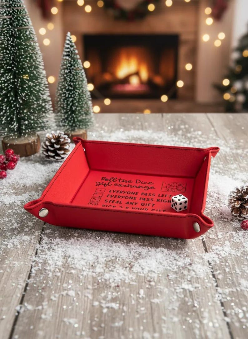Dice game Christmas gift exchange tray with directions, 6" x 6" red leatherette, family and office holiday party fun, white elephant game