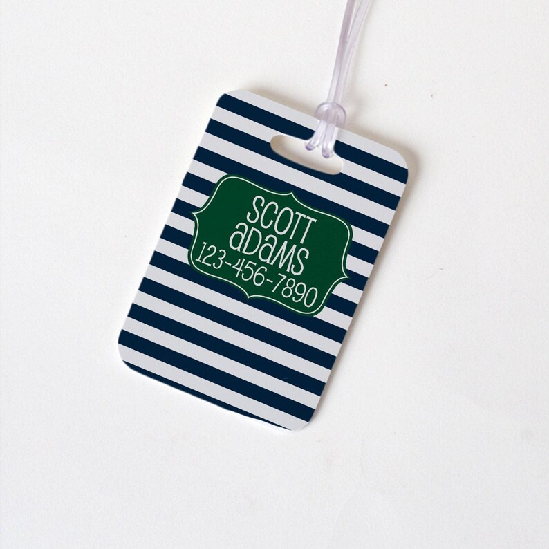 Personalized Navy Green Striped Bag Tag, Kids Backpack Name Tag