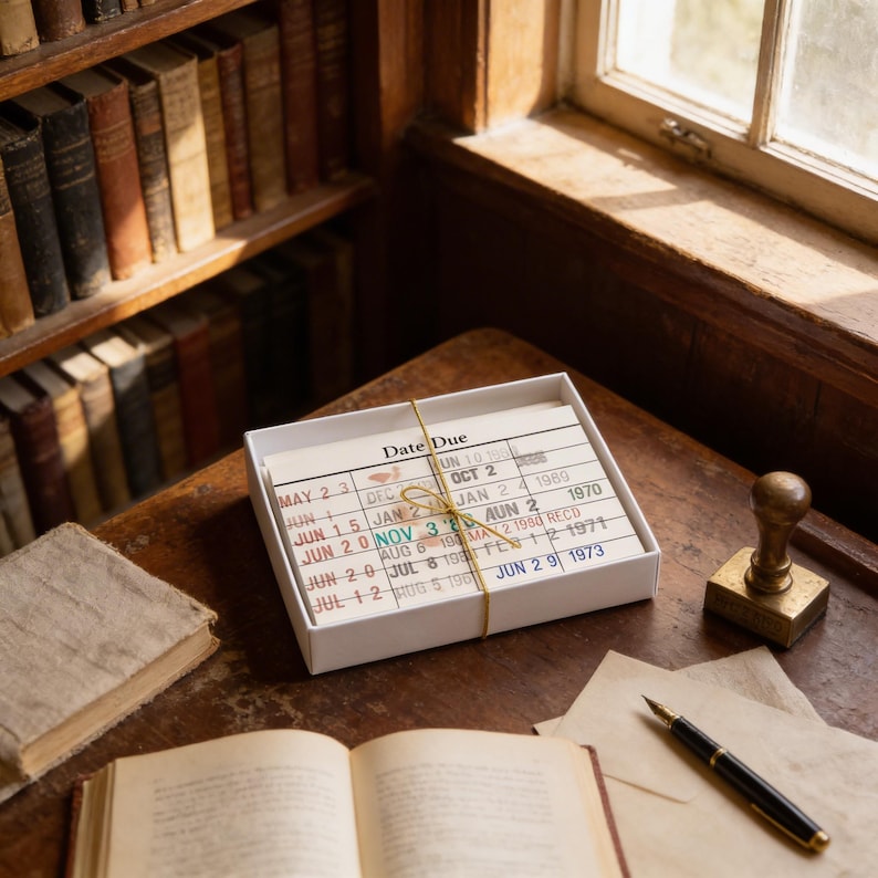 A wooden desk with a white box containing a calendar, a gold-colored stamp, and a pen, along with an open book and a window in the background.