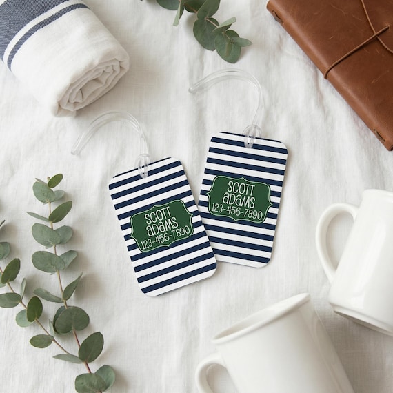 Custom Bag Tag Navy Green Striped, Kids Backpack Tag, Lunchbox Tag, Colorful Luggage Tag, Back To School Name ID Tag
