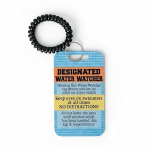 Water Watcher Safety Badge, Aluminum Pool Tag with Coil Bracelet