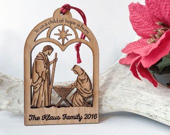 Personalized Nativity Scene Ornament – Engraved Wooden Christmas Keepsake