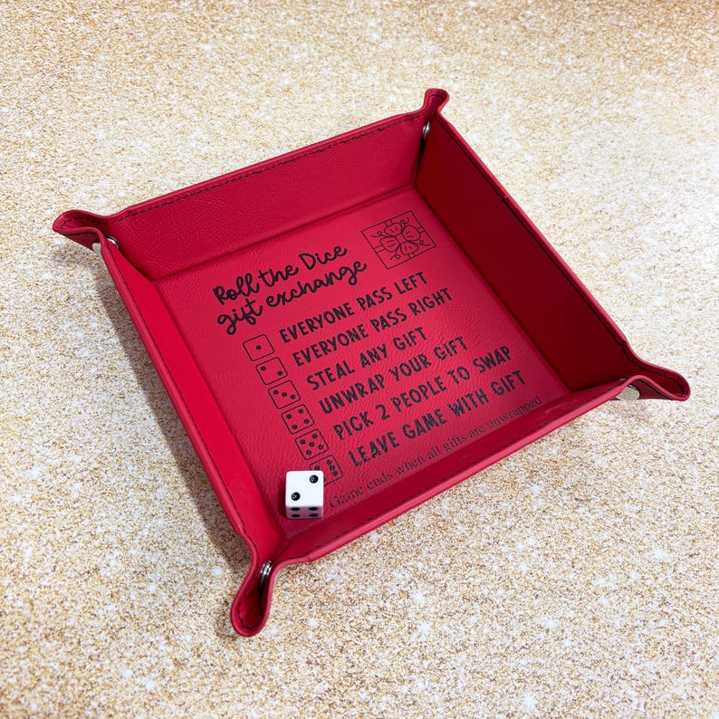 Dice game Christmas gift exchange tray with directions, 6" x 6" red leatherette, family and office holiday party fun, white elephant game