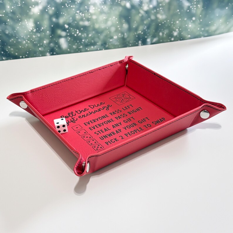 Dice game Christmas gift exchange tray with directions, 6" x 6" red leatherette, family and office holiday party fun, white elephant game