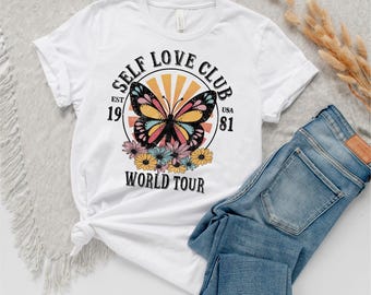 Self Love Club Butterfly Tee, Mental Health Shirt With Colorful Butterfly, Positive Message Uplifting Shirt, Butterfly Gifts Her