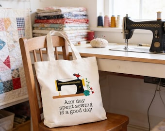 Tote Bag With Vintage Sewing Machine Art, Canvas Bag For Sewing Accessories, Sewing Project Bag, Quilters Gift, Gift For Sewer