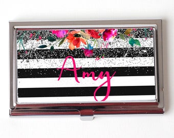 Floral Business Card Case for Women - Metal Business Card Holder - Personalized Black & White Stripe Silver Glitter Business Card Case