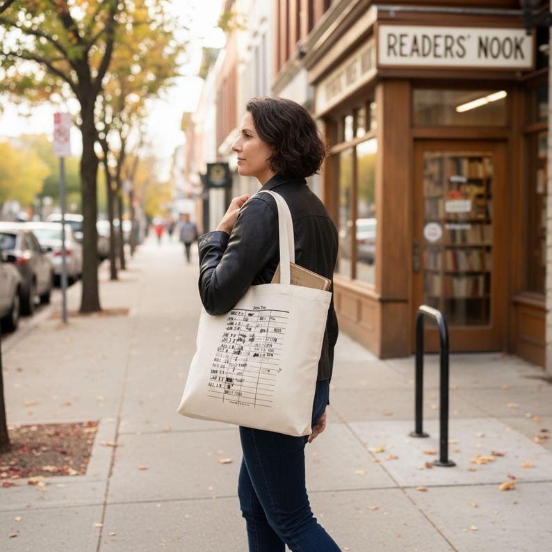 A woman walks down a city sidewalk carrying a large tote bag with a printed design on it.