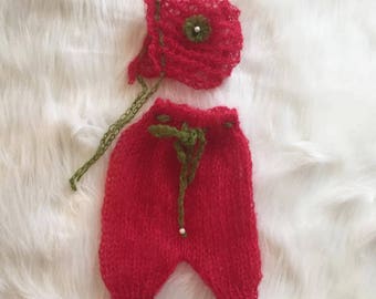 Conjunto de roupa de Natal para recém-nascido, acessório para fotos, touca e calças de Natal, tricotado à mão