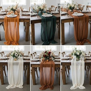 Wilde Land Hochzeit Tischläufer, Boho Flow, Hand gefärbte Gaze Schiere Crinkle Baumwolle Käsetuch, Gebrannte Siena, Orange, Smaragd, Olive, Rost