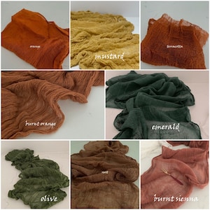 Wild Country Wedding Table Runner, Boho Flow, Hand dyed Gauze Sheer Crinkle Cotton Cheesecloth, Burnt Sienna, Orange, Emerlad, Olive, Rust