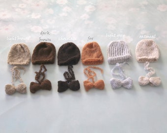 Neue Mohair Beanie Mütze & Fliege 2 Stück SET Neugeborene Baby Junge gehäkelt Foto Requisite