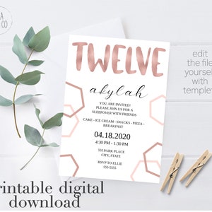 TWELVE. Rose Gold. Digital Invitation. Instant Download. Editable. Print At Home. Birthday Invite Template.