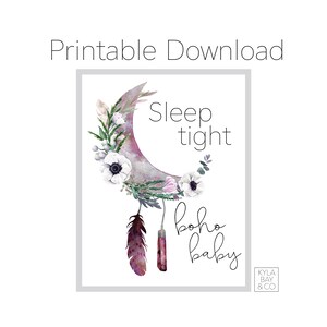 Sleep Tight, Boho Baby. Digital Art. Printable. Print at home. Instant Download. Boho. Moon. Feathers. Nursery Decor.