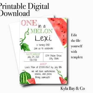 One In A Melon Birthday Invitation. First Birthday. Melon Party Invite. Digital Invite. Templett. Printable. Editable. Instant Download.