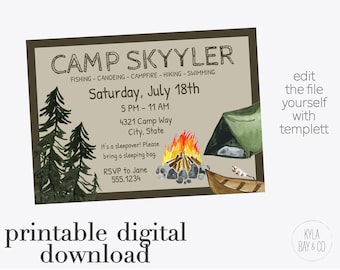 Camping Invitation. Camp Birthday Party. Templett. Digital Download. Instant Invitation. Printable. Camp Out. Sleepover.