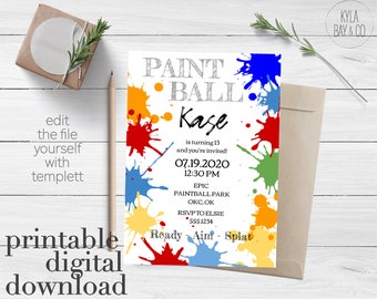 Paint Ball Birthday Party. Digital Invite. Paint Ball. Templett. Printable. Editable. Instant Download.