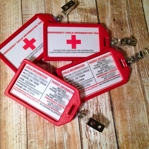 Emergency Child Information Tag, car seat, emergency identification, kids, medical and allergy tag