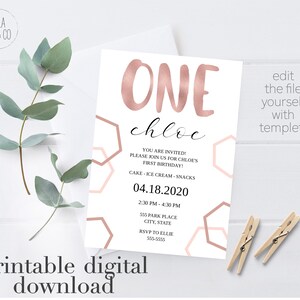 ONE. Rose Gold. Digital Invitation. Instant Download. Editable. Print At Home. Birthday Invite Template.