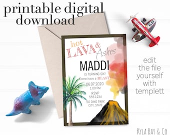 Volcano Birthday Party. Digital Invite. Hot Lava. Ashes. Templett. Printable. Editable. Instant Download.
