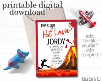 Floor is Hot Lava Birthday Party. Digital Invite. Volcano. Templett. Printable. Editable. Instant Download.