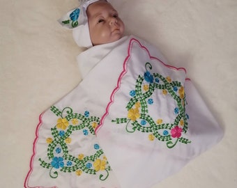 Baby Girl Receiving  Blanket, Baby  Blanket Personalized Swaddle Cotton Blanket  Baby Blanket embroidered flowers and Headband